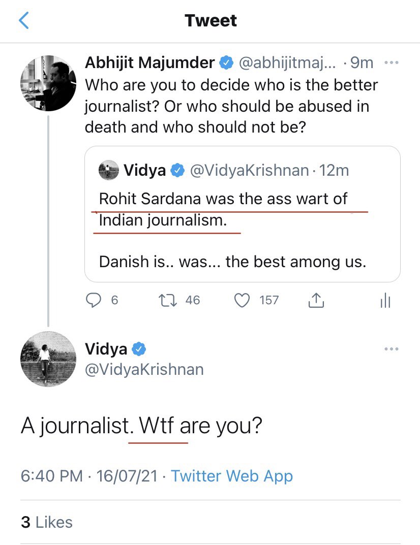 abhijitmajumder's tweet photo. Yeh propagandist mohtarma ki bhasha dekhiye. Gatecrashes my timeline, abuses dead journalist Rohit Sardana, abuses me, then plays the woman victim card. Typical. https://t.co/qG0KIWTCaH