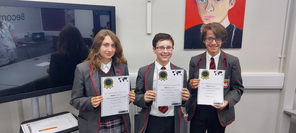 HarrisRainham's tweet photo. Our team of y7 &amp; y8 students competed against 20 schools in the Harris Federation KS3 Geog Quiz. Our students did exceptionally, scoring 82/90! and were only 4 points behind the winning schools.  Congratulations to Connor, Elis, Ella, Joel and Phoebe for representing HAR so well! https://t.co/d6ZdDkSFe7