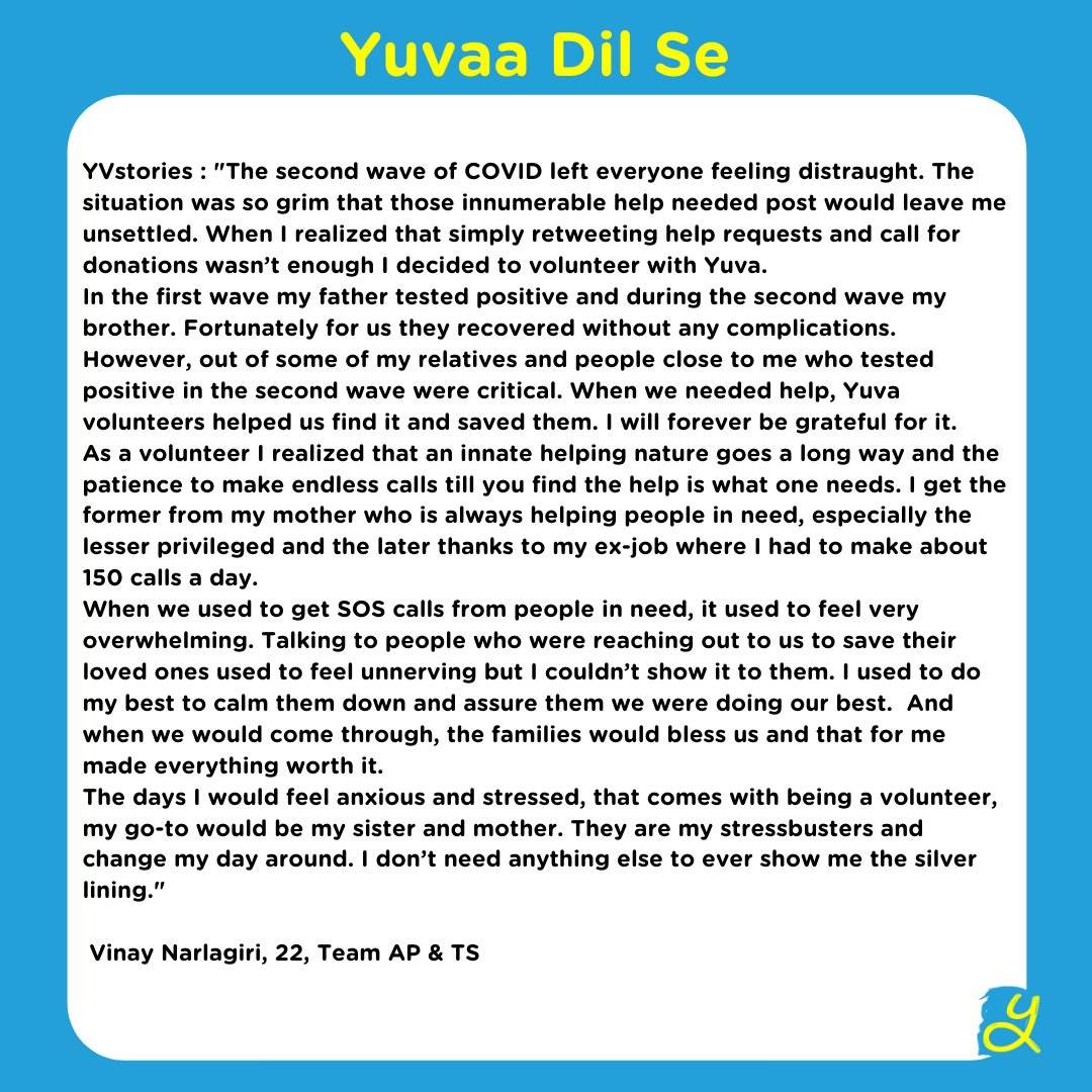 Vinay Narlagiri (@vinay_narlagiri) #YuvaaVolunteer who is working tirelessly to bring smiles and save lives across India. 

#YuvaaDilse #YVStories #YouthFightsCovid #Yuvaa