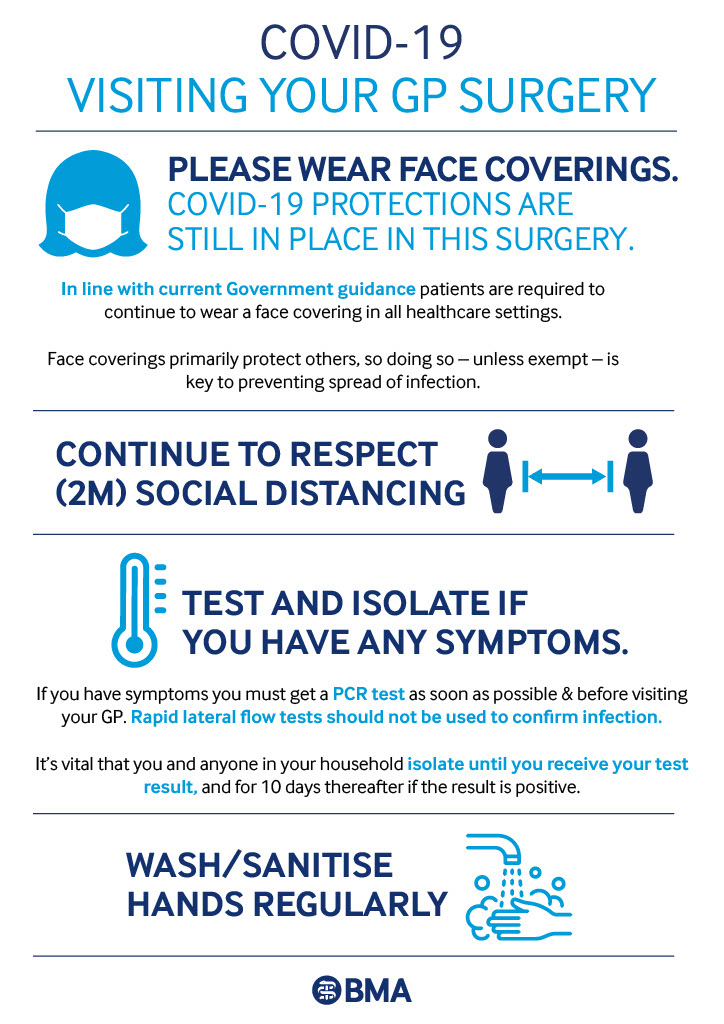 We've produced a new poster for GP practices, to ensure the continued use of face coverings in healthcare settings.

Download it here: bma.org.uk/media/4334/bma…