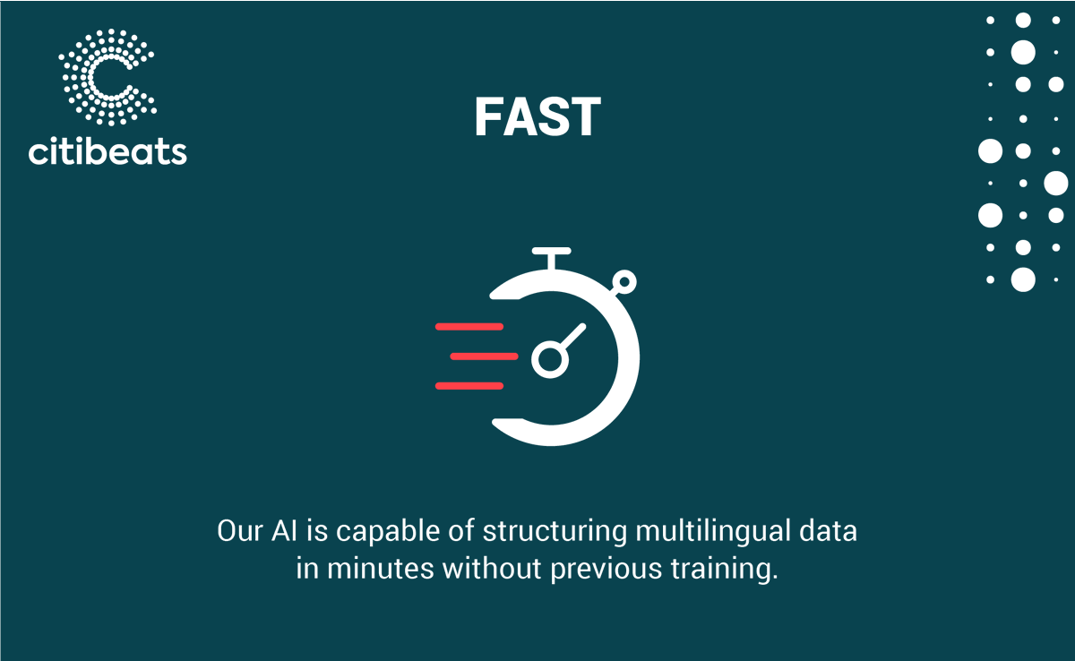 theCitibeats's tweet photo. Citibeats’ AI technology features: Fast

Our AI is capable of structuring multilingual data in minutes without previous training. This allows you to detect social trends faster, get ahead of the news stories and take action to anticipate or prevent any social change.
#ai https://t.co/1wjv6IOZnx