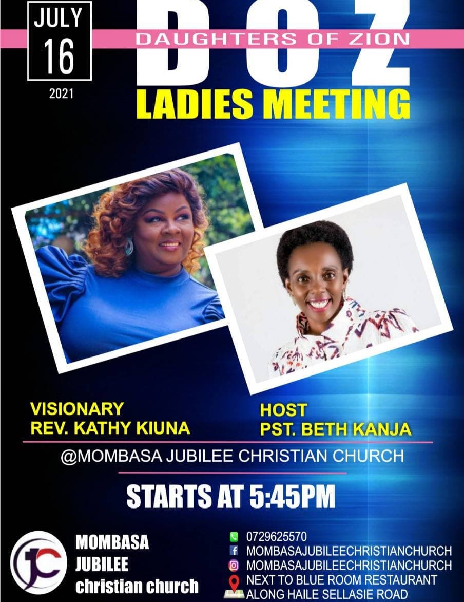 mombasajcc's tweet photo. Ladies, are you ready for a life transforming evening tonight?
Then invite a friend for Daughters of Zion -Ladies meeting happening at @MJCC Sanctuary next to Blueroom restaurant above pizza inn.
Set your reminder for 5.45pm tonight.
See you there!
#DOZ https://t.co/1nZurgqYeg