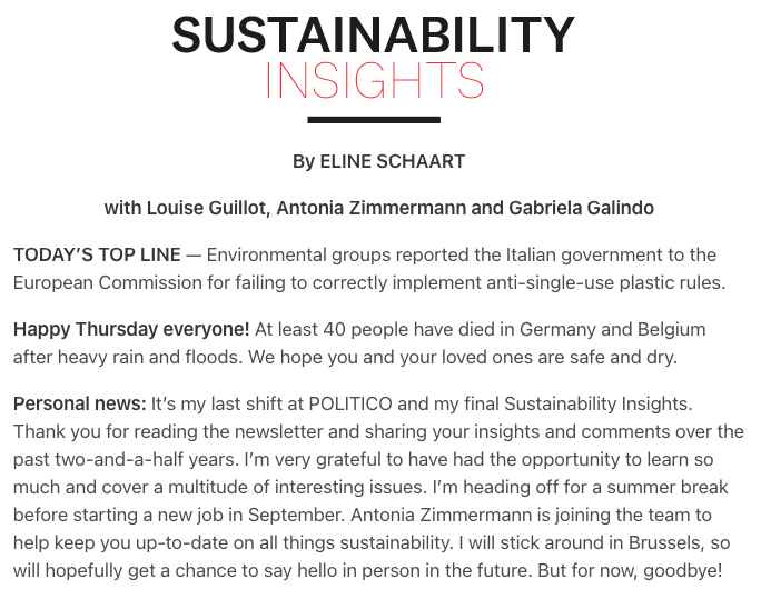 l_guillot's tweet photo. Sad news in the newsletter yesterday: My awesome colleague and ace reporter @elineschaart is leaving Politico and sailing to new adventures.
I'm going to miss you, like, A LOT!
It's been a true pleasure working with you on all things 👩‍🔬🧪🌍♻️🌱🌊
Keep it us sies! https://t.co/aLj8tTFfIi