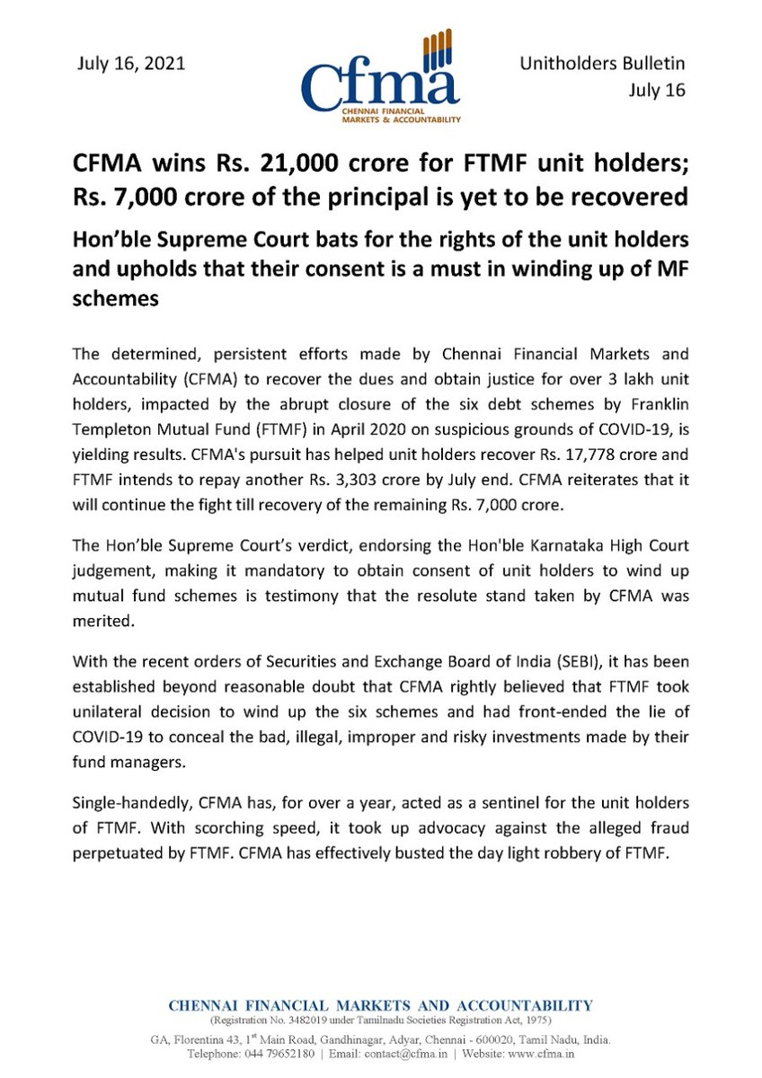 CFMA_1's tweet photo. CFMA wins Rs. 21,000 crore for FTMF unit holders; Rs. 7,000 crore of the principal is yet to be recovered.
@ZeeBusiness @RadhikaMerwin @moneycontrolcom @talktotarun @jashkriplani @Srivatskr @ShantanuGuhaRay @DrManishKumar1 @SreeIyer1 @MD_Nalapat @jayeshchitalia @ETMutualFunds https://t.co/56F7VS1iLn