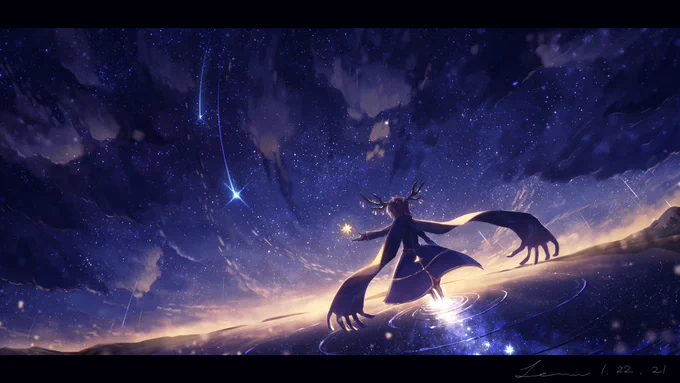 #一次創作絵師拡散フェス01
「ホシサガスモノ」という、夜の明けない星空の世界で旅をする少年達の世界とお話を描いています。 