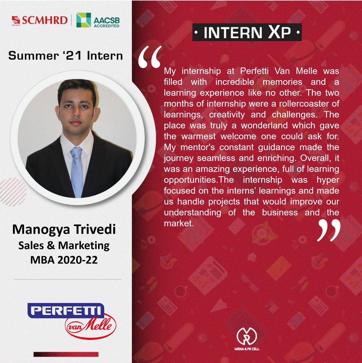 SCMHRDian's tweet photo. In the next feature of InternXP, we will take a look at the internship journeys of Manogya Trivedi and Priyanshi Jain at @PVM_Official.
#PerfettiVanMelle #InternXP #SCMHRDxp #SummerIntern21 https://t.co/Wn0c0iBMp3