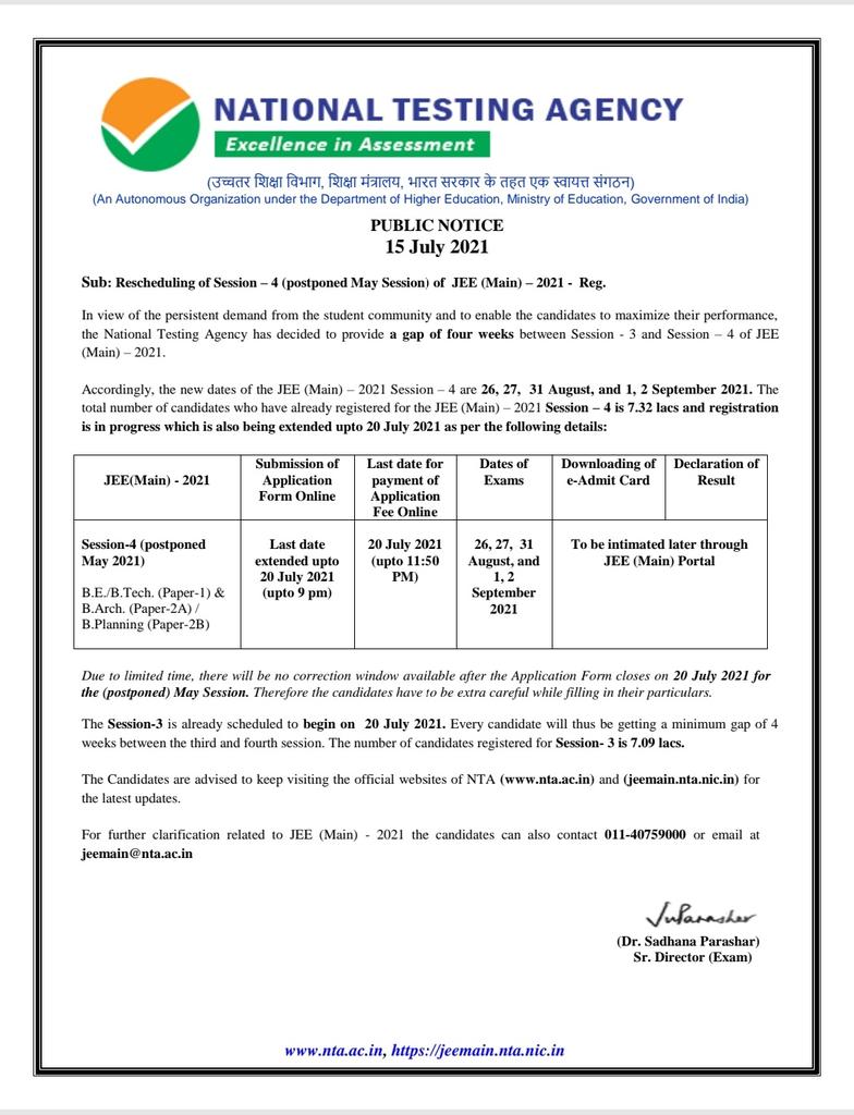 VidyarthiPatha's tweet photo. JEE (Main) 2021 Session 4 rescheduled https://t.co/jp8I0IDdTk