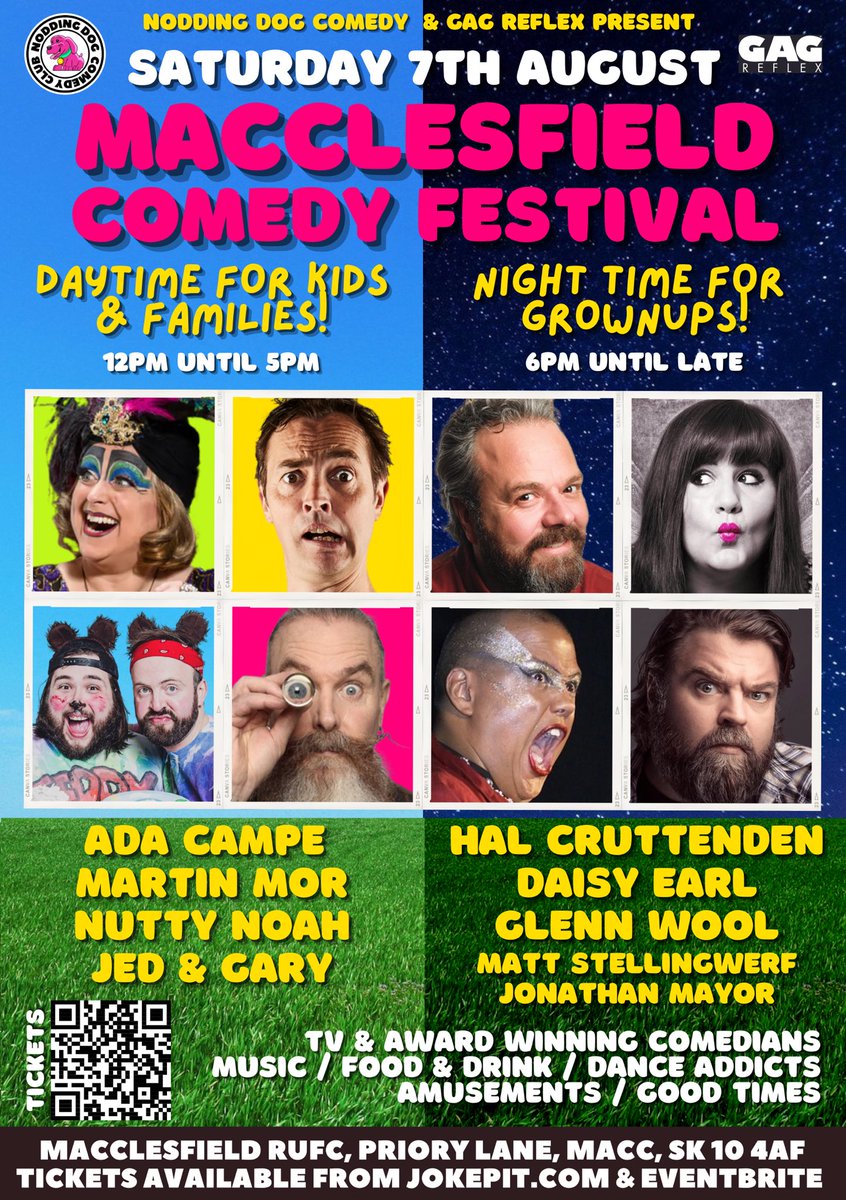 MACCLESFIELD COMEDY FESTIVAL!

Daytime for kids and families!
Nighttime for grownups!

Award winning and TV comedy, food and drink, music, amusements!

BOOK NOW: jokepit.com/e/4268

#macclesfield #cheshire #comedy #familyfun #familydaysout