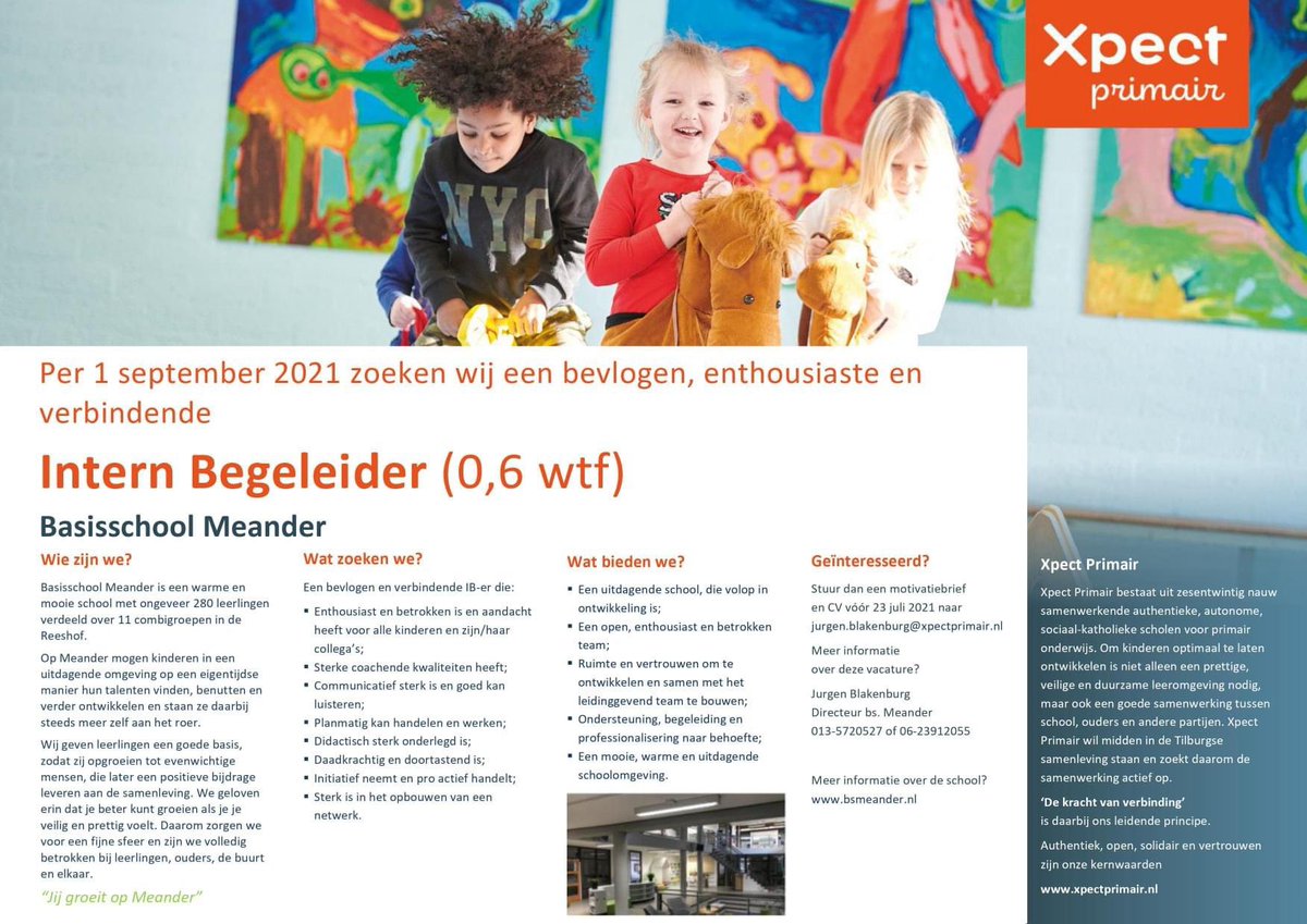 jblakenburg's tweet photo. Wil je werken in een mooie, warme school met fantastische kinderen, een enthousiast team en betrokken ouders. Wacht dan niet te lang! #jijgroeitopmeander https://t.co/ItIOtnc6BT