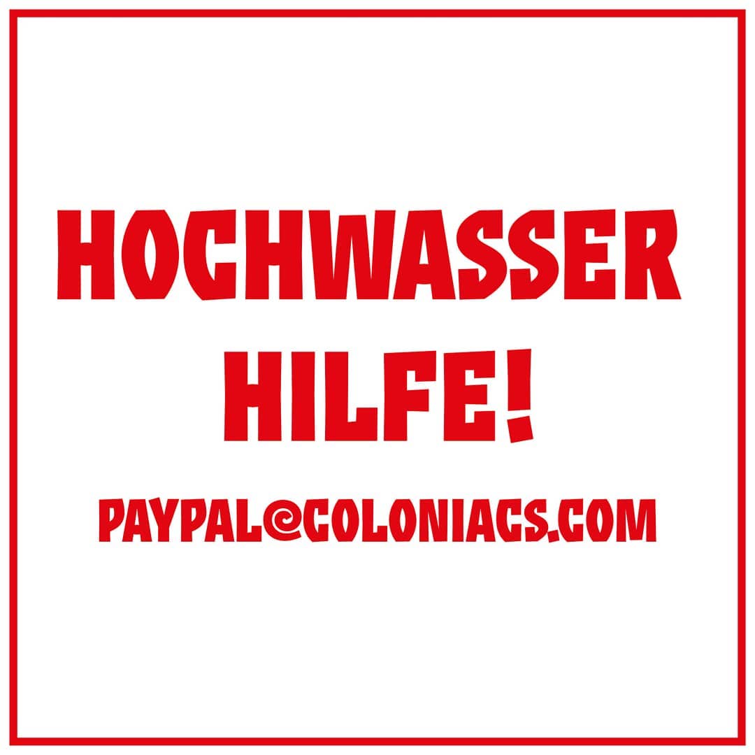 Roter "Hochwasser Hilfe! paypal@coloniacs.com"-Schriftzug auf weißem Hintergrund.