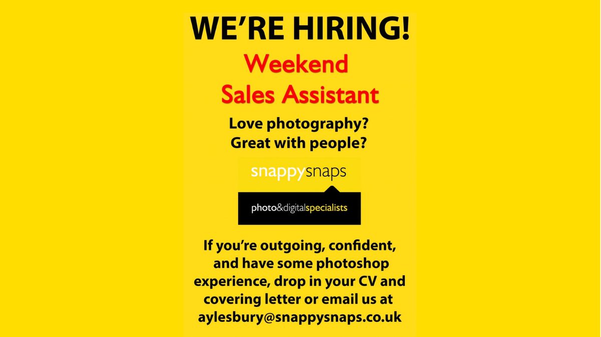 📣 WE’RE HIRING!

We’re looking for a weekend Sales Assistant to join our team at Snappy Snaps Aylesbury. If you love photography, are a people person and a dab hand at photoshop, this could be the job for you.