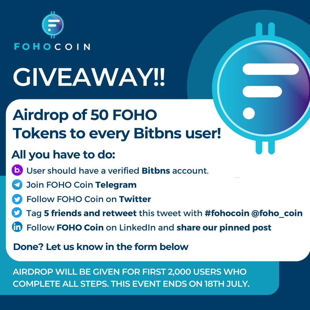 Airdrop of 50 $FOHO tokens for every verified @Bitbns user! 

#AirdropCrypto 

Read and follow these steps ⬇️