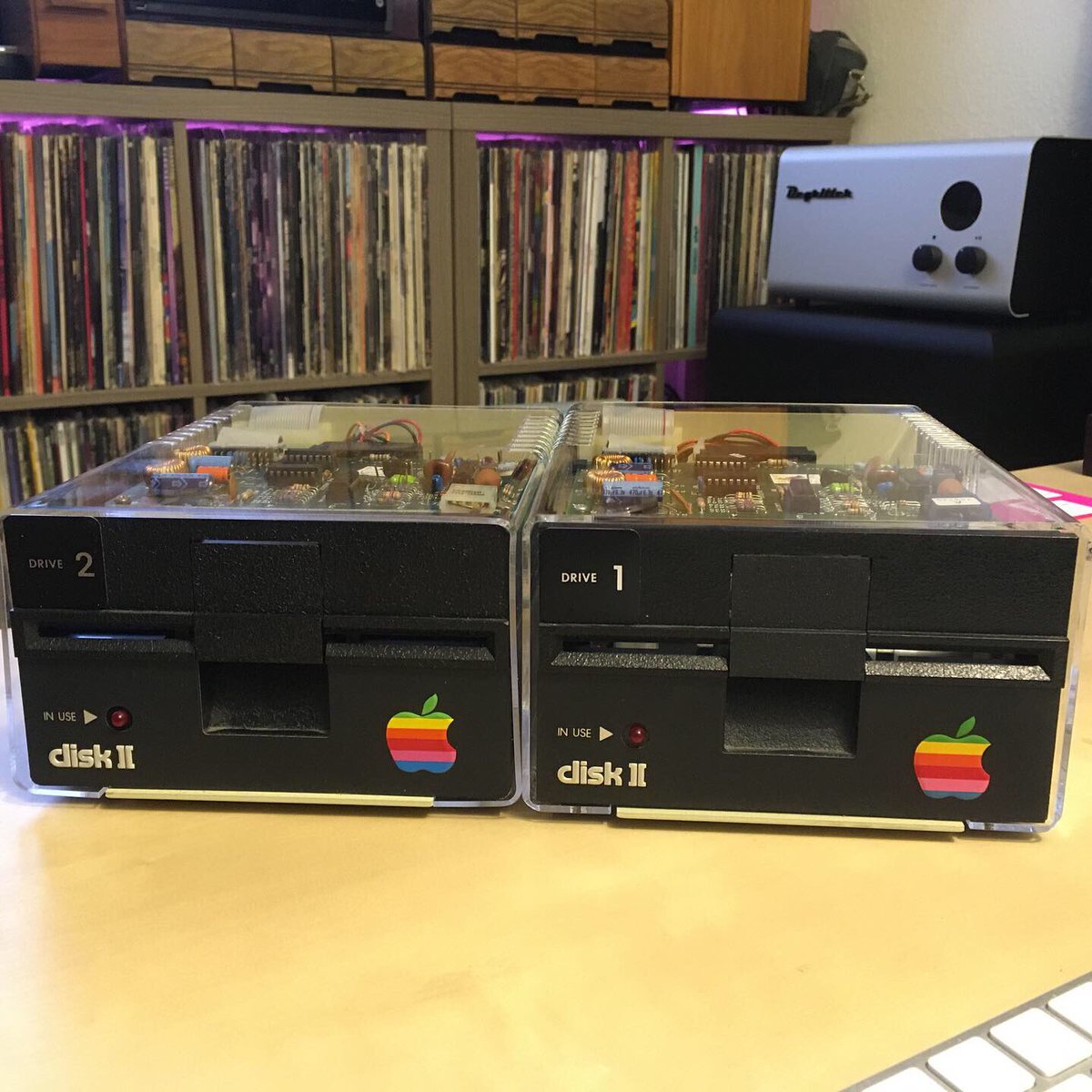 iconicbits's tweet photo. New MacEffects Apple Disk ][ cases arrived today. The one on “Drive 2” is a cheaper factory second offering that doesn’t fit quite as nice. #appleii #maceffects #retrocomputing #vintagecomputer https://t.co/o1gTubLHsB