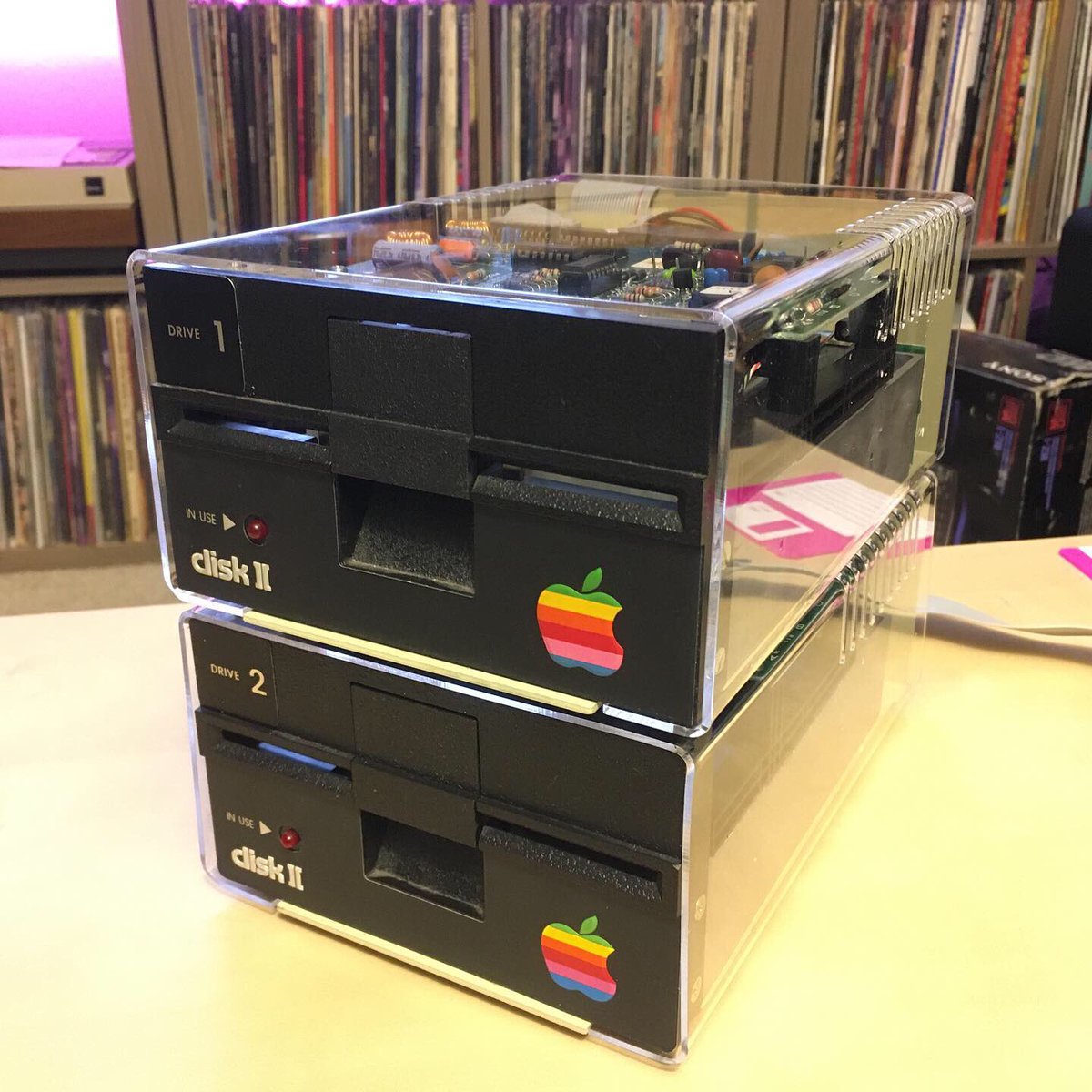iconicbits's tweet photo. New MacEffects Apple Disk ][ cases arrived today. The one on “Drive 2” is a cheaper factory second offering that doesn’t fit quite as nice. #appleii #maceffects #retrocomputing #vintagecomputer https://t.co/o1gTubLHsB