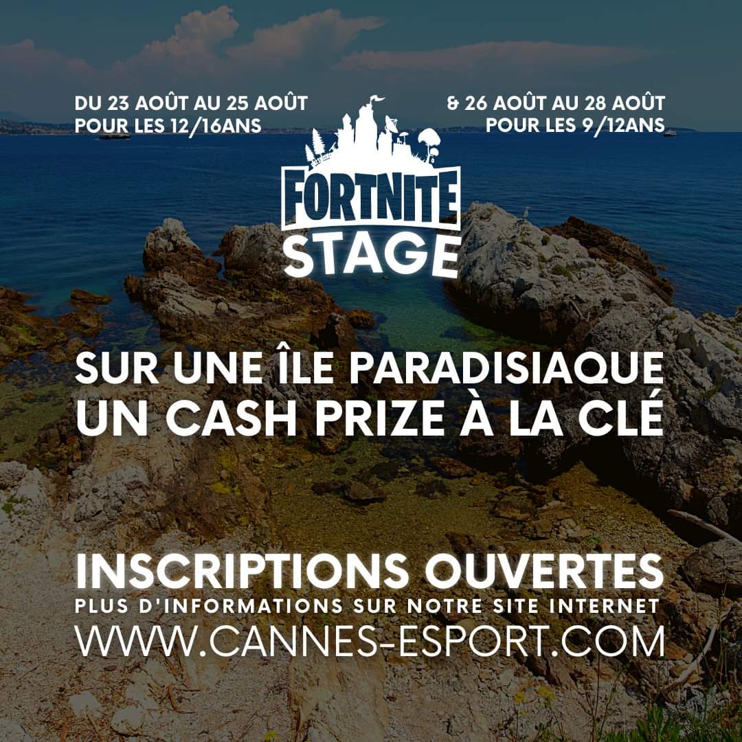 C'est le retour de nos stages #Fortnite 
Venez décrocher un fabuleux cash prize d’une valeur de 500€ ! 😎 Avec CANNES ESPORT CLUB saisissez votre chance et que le ou la meilleur(e) l’emporte ! 💪

👉 Plus d’informations et réservations sur : cannes-esport.com/stage-number-1/