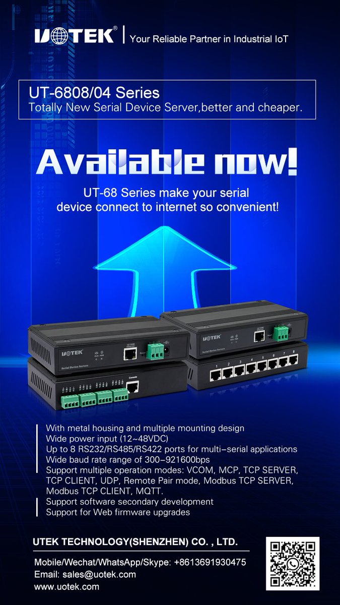 TechnologyUtek's tweet image. New serial device server UT-6808 UT-6804