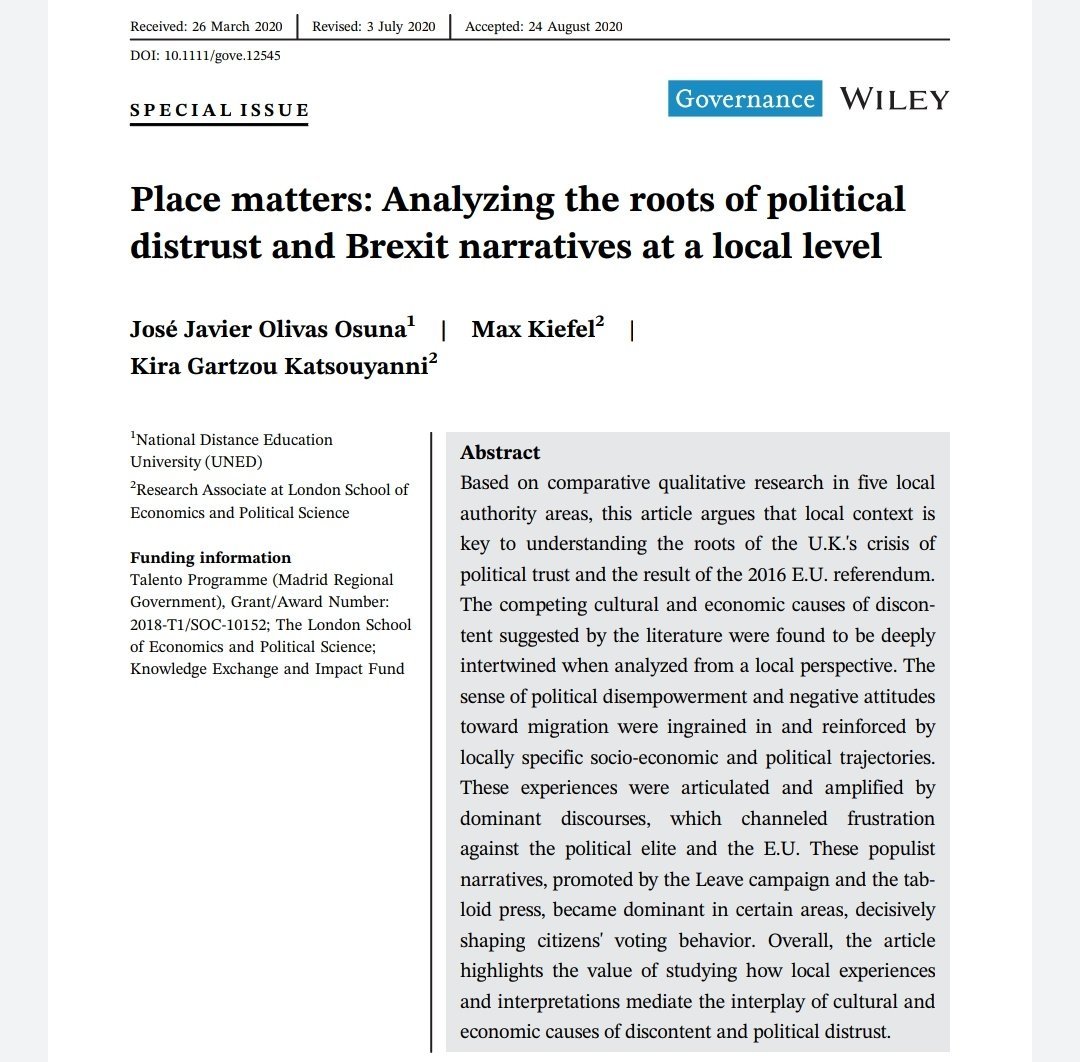 #Brexit "leave discourses thrived particularly in places where local identities were perceived at risk, there was a sense of territorial neglect, and widespread political distrust."
Great new paper in <a href="/Gov_Journal/">Governance Journal</a> by <a href="/josejolivas/">Jose Javier Olivas</a>, <a href="/maxkiefel/">Max Kiefel</a> &amp; <a href="/kiragk2/">Kira Gartzou-Katsouyanni</a>.
doi.org/10.1111/gove.1…