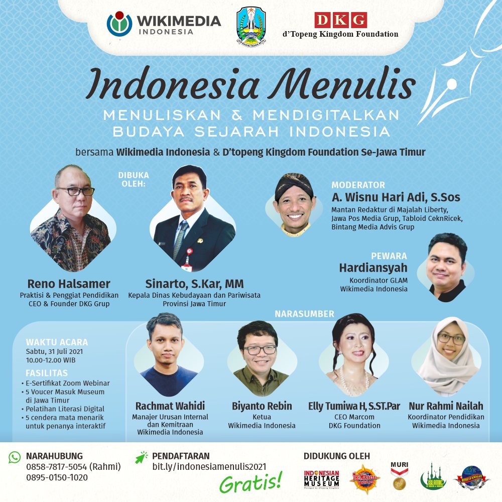 Halo, Kawan Wiki khususnya yang di Jawa Timur!

Mari ikuti webinar "Indonesia Menulis" tentang pendigitalan dan penulisan budaya dan sejarah Indonesia melalui Wikipedia bahasa Indonesia yang diselenggarakan D'Topeng Kingdom Group bersama Wikimedia Indonesia.