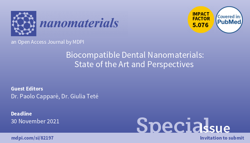 Nano_MDPI's tweet image. #mdpinanomaterials This Special Issue Open for Submission "Biocompatible Dental Nanomaterials: State of the Art and Perspectives". 
#Biocompatible #Dental
Guest editors: Dr. Paolo Capparè and Dr. Giulia Teté
Welcome to contribute. 
📌mdpi.com/journal/nanoma…