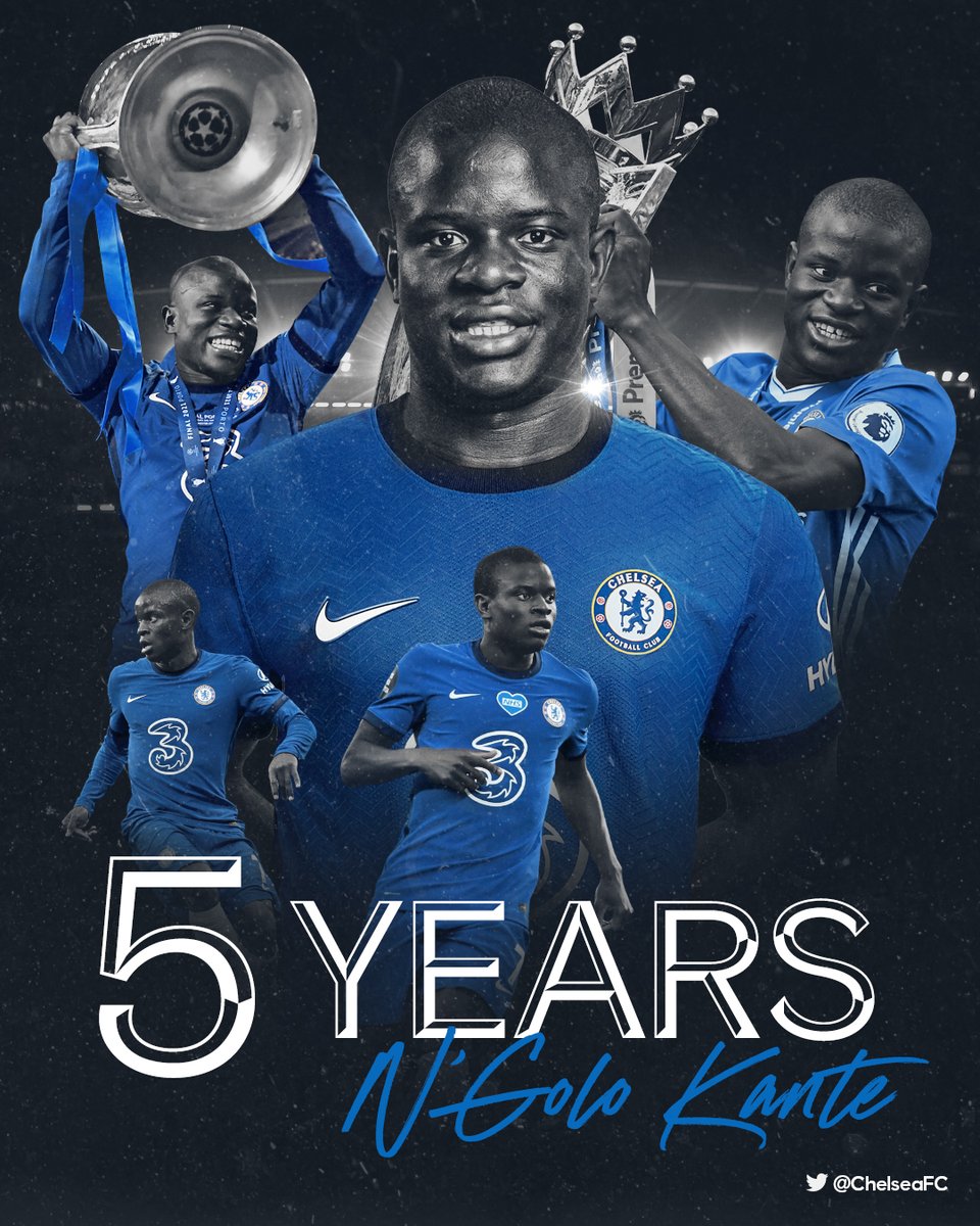 ChelseaFC's tweet photo. We signed @nglkante #OnThisDay five years ago! 😁 https://t.co/J0qWubcnVa