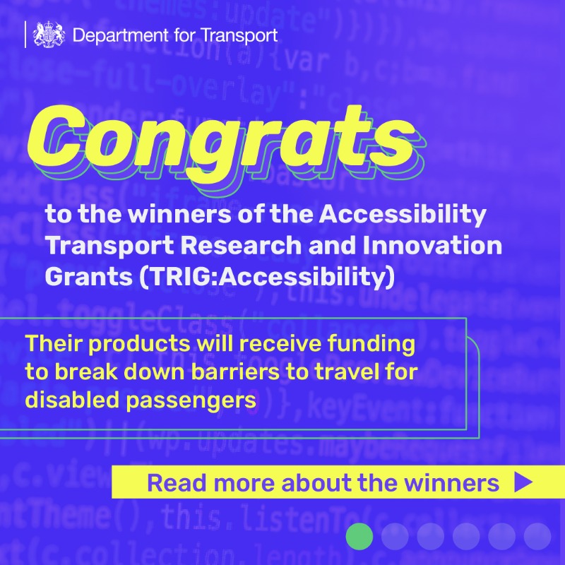 transportgovuk's tweet photo. We’re investing in innovative products and services to improve the travel experience for disabled passengers.  

Find out more about how we’re working together to make transport more inclusive  👉 https://t.co/xkZwZkaEmj 

@CPCatapult #TRIGAccessibility #ItsEveryonesJourney