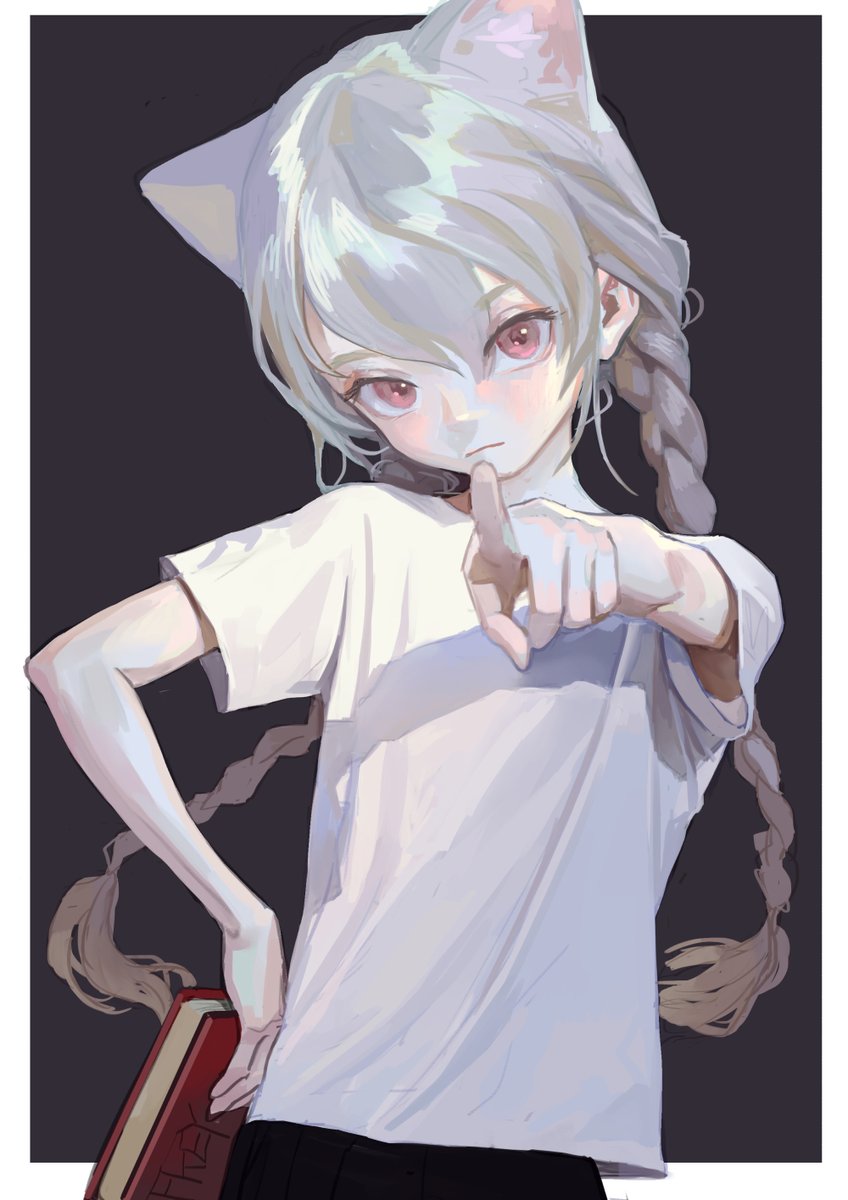 1girl solo animal ears cat ears shirt twin braids book  illustration images