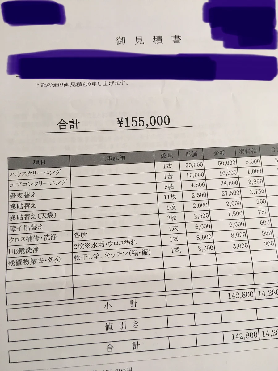 「退去費用戦争」をしました。その結果、当初155,000円だったのが3,300円で終戦となりました。