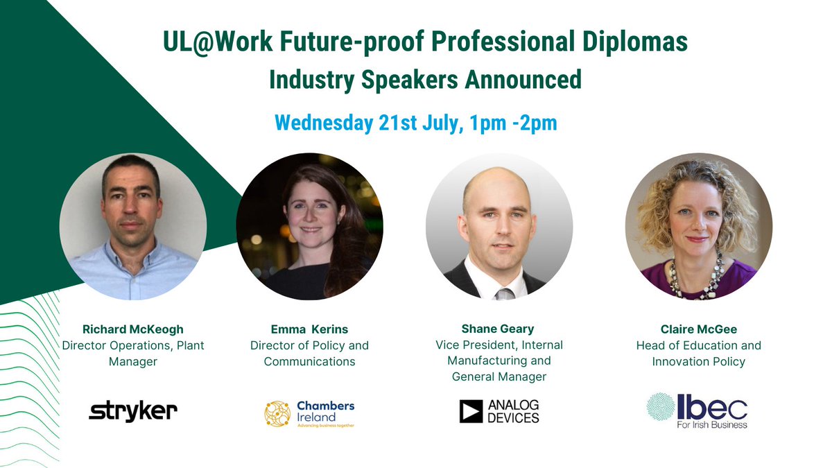 UL_GPS's tweet photo. UL@Work will be launching 7 Professional Diplomas on Wednesday 21st July, 1pm-2pm. Register to hear from this expert panel of collaborators. #digitalfuture #futureofwork #upskill #technology https://t.co/82PeQKOToh