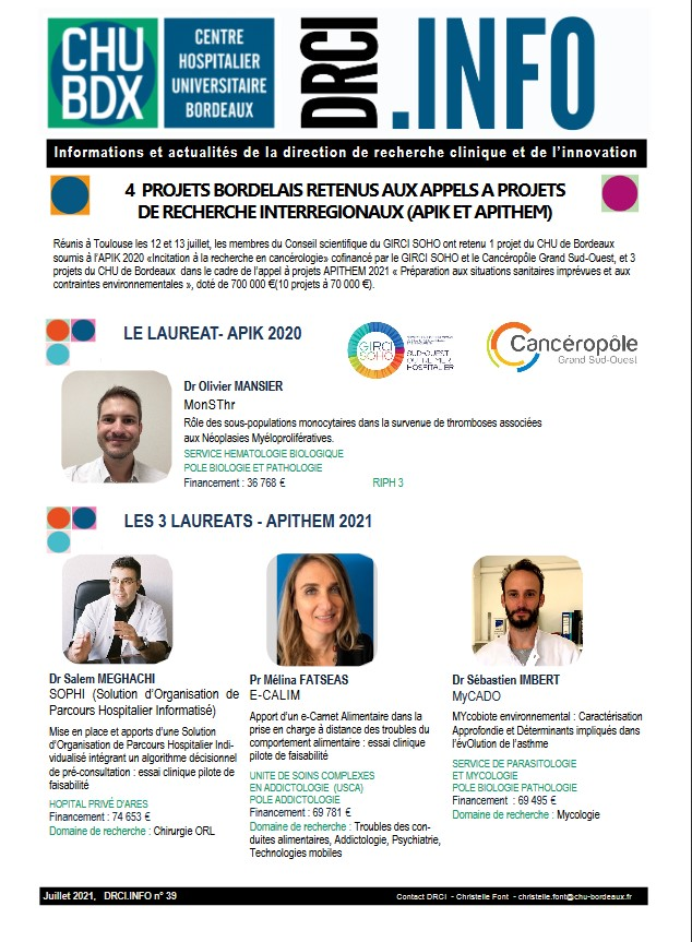 [#RECHERCHE] #Félicitations aux 4 Lauréats des appels à projets interregionaux <a href="/CHUBordeaux/">CHU de Bordeaux</a> <a href="/gircisoho/">GIRCI SOHO</a> 
➡️1 #APIK (cancer) : Olivier Mansier
➡️3 #APITHEM, Salem Meghachi, Melina Fatseas, Sebastien Imbert
Bravo aux équipes !👏
ℹ️chu-bordeaux.fr/Professionnels…
CC @gillesduluc <a href="/yannbubien/">Yann Bubien</a>