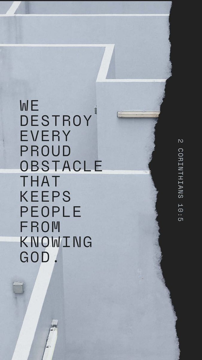 We destroy every proud obstacle that keeps people from knowing God. We capture their rebellious thoughts and teach them to obey Christ.
2 Corinthians 10:5 NLT

bible.com/bible/116/2co.… #verseoftheday #knockingdownwalls