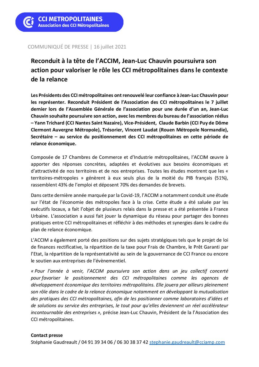 [#Communiqué] Reconduit à la tête de l’Association des CCI métropolitaines pour une durée d’un an, <a href="/chauvinjl/">chauvin jean luc</a>  souhaite poursuivre son action, avec les membres du bureau réélus, au service du positionnement des CCI métropolitaines en cette période de relance économique. 👇