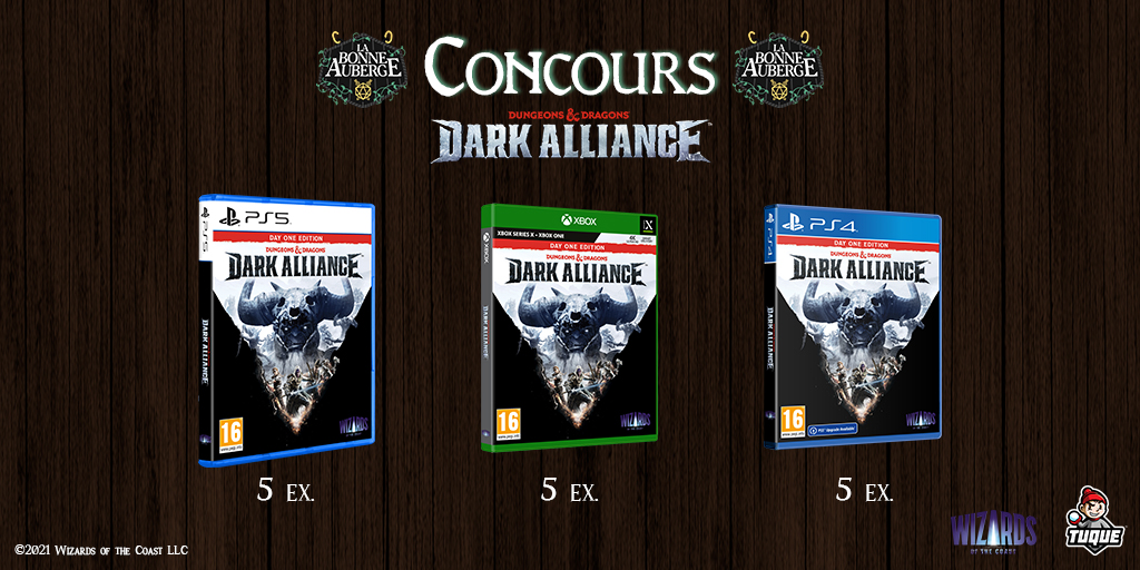 BonneAubergeJDR's tweet image. Pour fêter notre retour en live le 18 juillet, on vous propose de remporter le jeu Dungeons and Dragons : Dark Alliance ⚔️

Pour participer vous devez :
- Follow @BonneAubergeJDR 
- Follow @LeBonNerd 
- RT ce tweet
- Commenter en indiquant pour quelle plateforme vous participez !