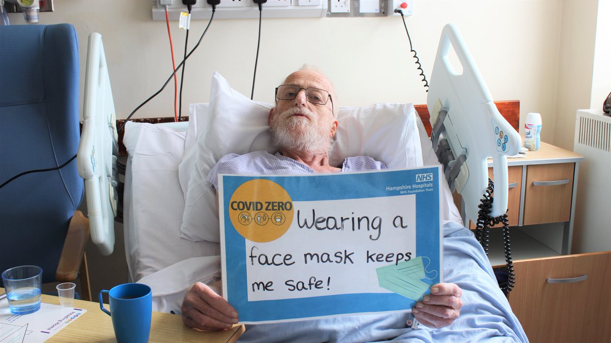 HHFTnhs's tweet photo. Here is Peter, a patient at our Basingstoke hospital. He has been helping us to remind everyone to continue to wear a face mask and keep 2 metres apart from others even after ‘Freedom Day’.
 
Let’s carry on protecting the most vulnerable members of our community together!😷 https://t.co/d9fMI7B02a