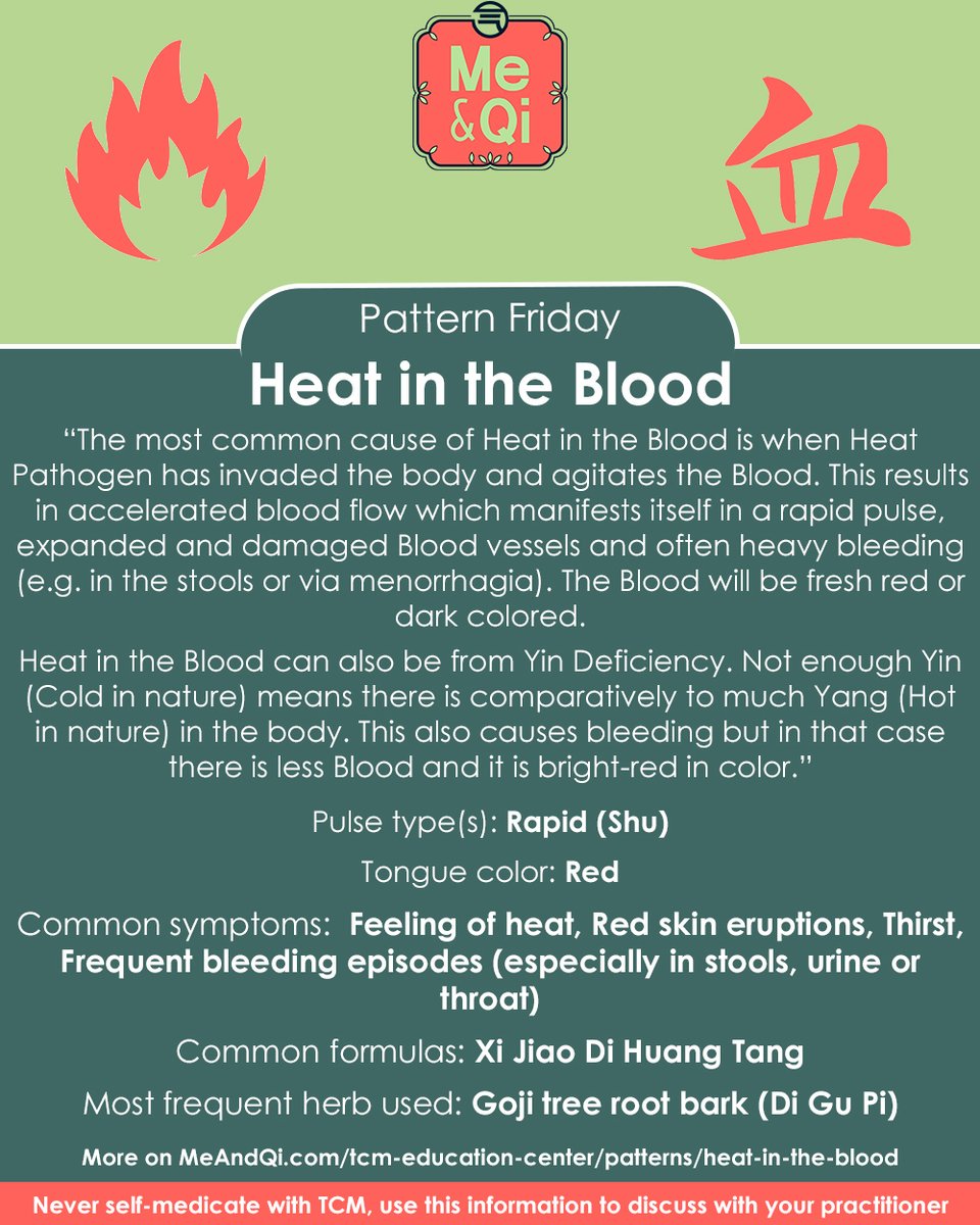 Pattern Friday! Today we look at Heat in the Blood: meandqi.com/tcm-education-…

#TCM #acupuncture #herbs #herbalism #naturalist #naturalbody #natural #naturelover