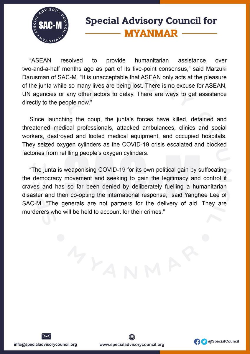 The junta is weaponising #COVID-19. The people of Myanmar need urgent assistance, across borders, through the democracy movement's networks.

Full statement here or available to download from SAC-M's website: bit.ly/3ekHPlJ

#WhatsHappeningInMyanmar #coupvidmm