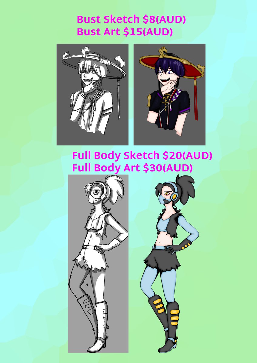 PrincessPloosh's tweet photo. I guess my commissions are officially open with prices now.
I do character art (fan art or OC).
All prices in Australian Dollars and payment is done via PayPal.
I WILL do NSFW/lewd *I have the right to decline a request but I'm pretty open minded, don't worry too much.
HMU in DMs https://t.co/LI76H2dEtt