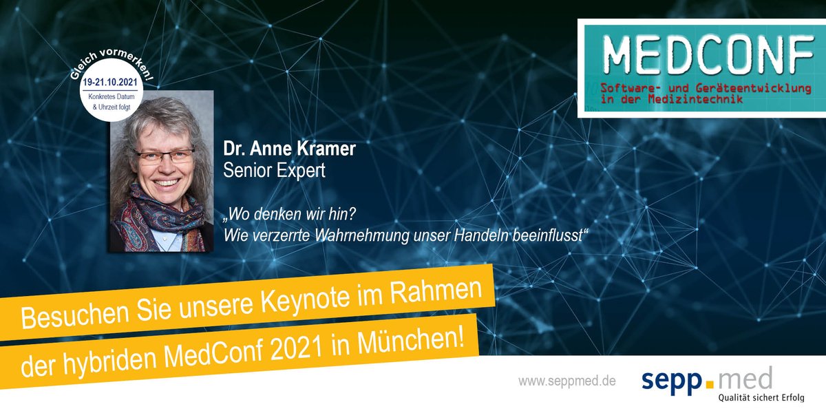 📌 <a href="/MedConfMUC/">MedConf</a> vom 19. - 21. Oktober 2021 hybrid (online und vor Ort in München) bit.ly/3epZaJP
Die Keynote von Dr. Anne Kramer finden Sie hier: bit.ly/36UrqjX
#MDR #Risikomanagement #Qualitätsmanagement #KünstlicheIntelligenz #KI #medizinischeGeräteentwicklung