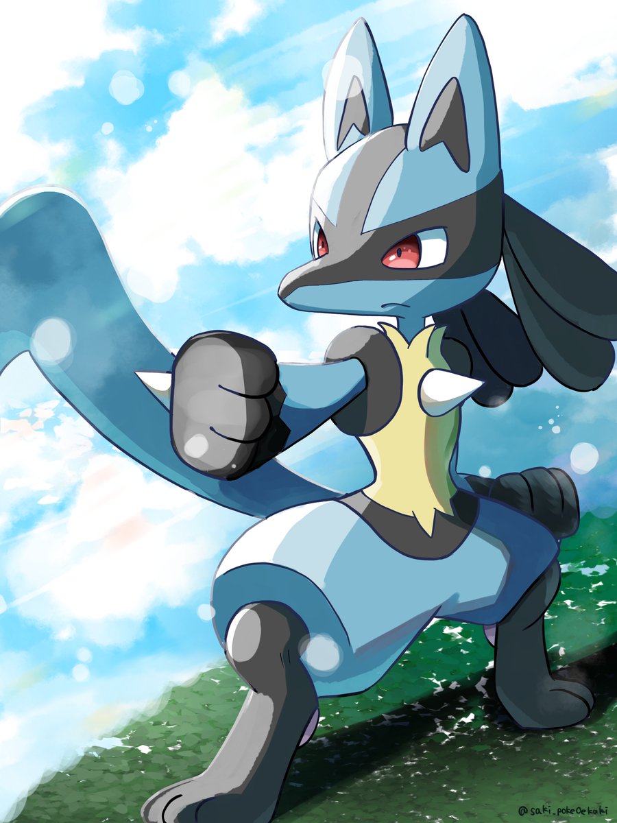 lucario pokemon (creature) solo closed mouth day red eyes outdoors standing  illustration images