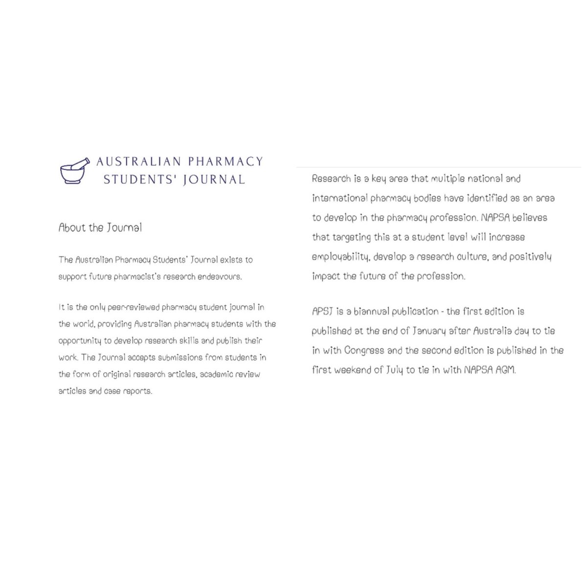 SAPSA_Rx's tweet photo. Passionate for research and want to share your work as a student? Here's the opportunity for you through the Australian Pharmacy Students' Journal. So, click the link for more info.
https://t.co/3PKXYfYvC2
xoxo SAPSA love https://t.co/kgytxd44Hf