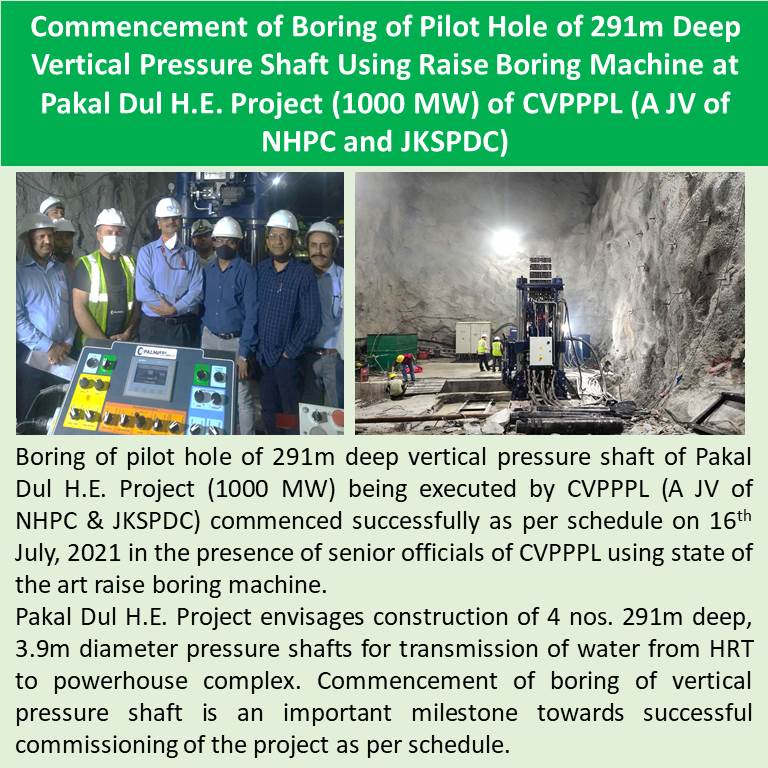 nhpcltd's tweet photo. Commencement of Boring of Pilot Hole of 291m Deep Vertical Pressure Shaft Using Raise Boring Machine at Pakal Dul H.E. Project (1000 MW) of CVPPPL (A JV of NHPC and JKSPDC)
#hydropower #MinOfPower #nhpclimited #CVPPL #pib_india #power_pib https://t.co/C28DjIfFp8