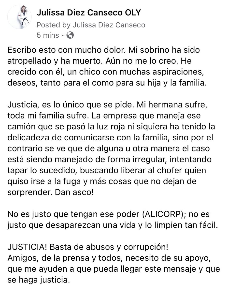 julidiezcanseco's tweet photo. Escribo esto con mucho dolor. Mi sobrino ha sido atropellado y ha muerto. Aún no me lo creo.

JUSTICIA! Basta de abusos y corrupción! 
No es justo q tengan ese poder (ALICORP), no es justo que desaparezcan una vida y lo limpien tan fácil. https://t.co/q4caYpy1NB