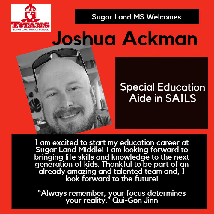 SLMSTitans's tweet photo. Sugar Land MS welcomes Joshua Ackman to Team Titan! #TitansOwnIt @FortBendISD https://t.co/MullMvA1U5