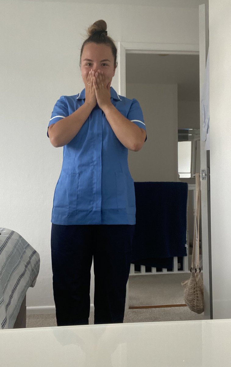 NurseM0lly's tweet photo. Felt so emotional today picking up my nurse uniform. I feel like I’ve waiting forever for this moment, to finally wear my blues 🥺👩‍⚕️  #NewlyQualifiedNurse #NQN https://t.co/4ZHj3NHfbs