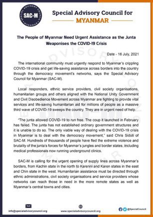 lvandenassum's tweet photo. “#Myanmar junta weaponising COVID-19 for own political gain by suffocating the democracy movement and seeking to gain the legitimacy &amp; control it craves by deliberately fueling humanitarian disaster &amp; co-opting the international response,” says @YangheeLeeSKKU of @SpecialCouncil https://t.co/q18H4FRju1