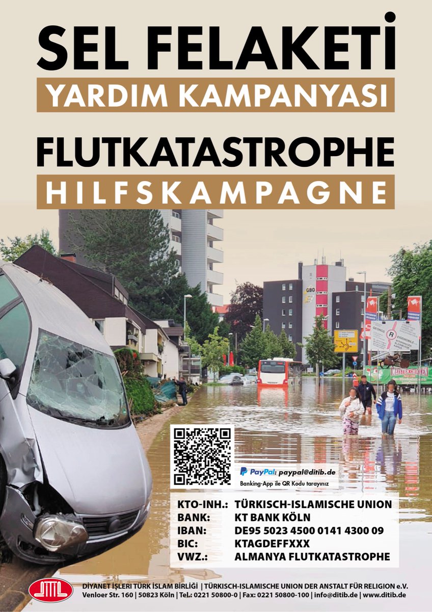 Mittlerweile über 100 Todesopfer. Existenzen sind bedroht, Folgen belasten viele Menschen. Es ist eine Jahrhundertflut, die uns zeigt: es gibt Grenzen.

Jetzt ist die Stunde für Solidarität und Zusammenhalt.
DITIB ändert Freitagspredigt und startet Spendenkampagne für Opfer.