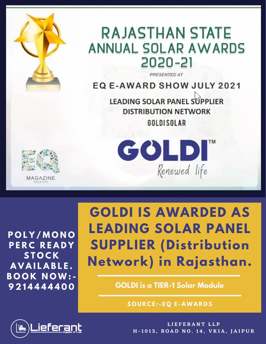 Lieferants's tweet photo. 𝗚𝗢𝗟𝗗𝗜 𝗦𝗢𝗟𝗔𝗥  is awarded as 𝗟𝗘𝗔𝗗𝗜𝗡𝗚 𝗦𝗢𝗟𝗔𝗥 𝗣𝗔𝗡𝗘𝗟 SUPPLIER (Distribution Network) in 𝗥𝗔𝗝𝗔𝗦𝗧𝗛𝗔𝗡. 
Call for more info :- 9214444400 !
#solar #goldisolar #lieferant #wattscore #solarpanel #bestsolarmodule https://t.co/78gw7EMmuw