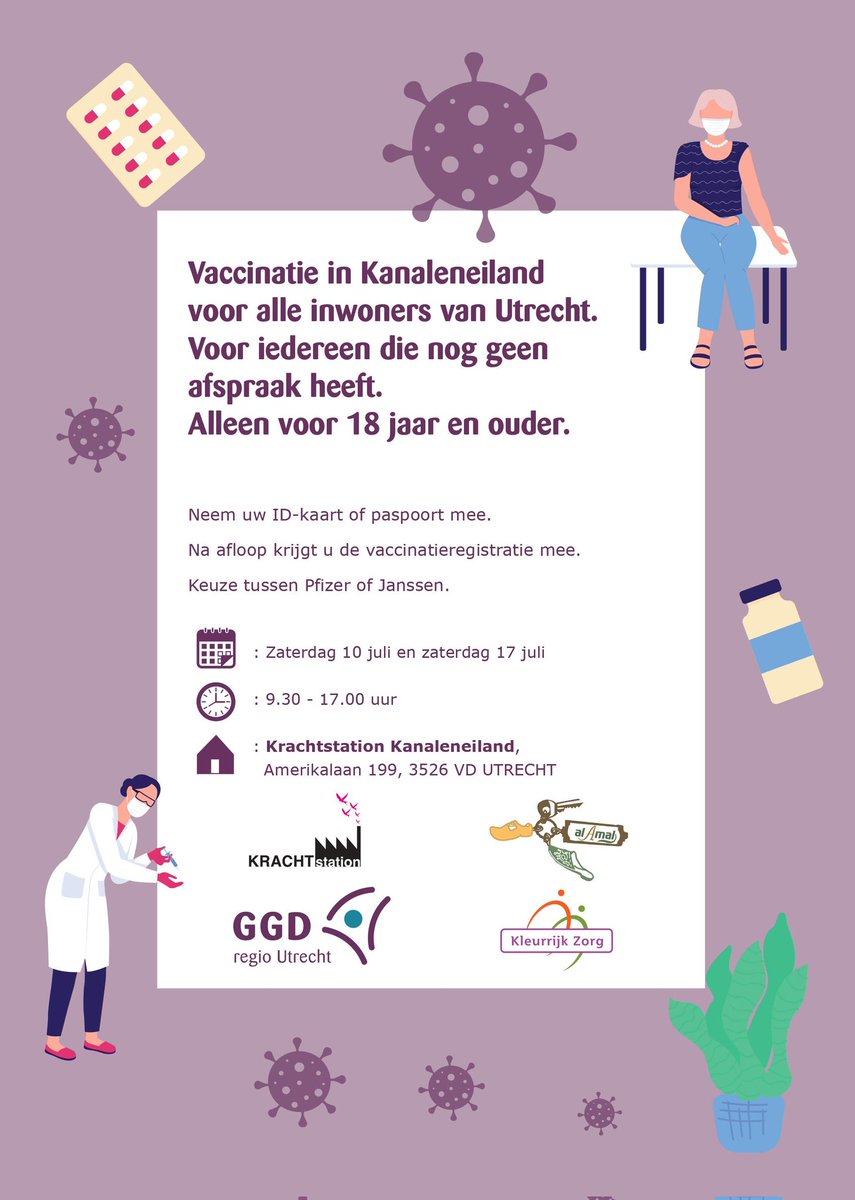Geen 💉afspraak = geen probleem. Iedere Utrechter van 18+ die nog geen afspraak heeft staan, maar wél een vaccinatie wil: dat kan. Pfizer of Janssen: kies maar. Op 17 juli ben je welkom in het <a href="/Krachtstation/">Krachtstation</a>  👉  #kanaleneiland