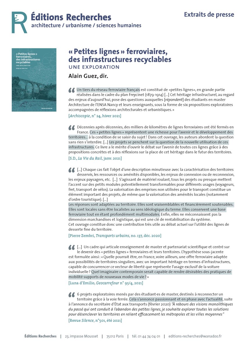 [ ✎ REVUE DE PRESSE ] « Petites lignes » ferroviaires, des infrastructures ferroviaires (Alain Guez, dir.) #Archiscopie #TransportsUrbains <a href="/LaViedurail1/">La Vie du Rail</a> / @SDelziani / #Géocarrefour / #RevueSilence
➡️ Présentation détaillée et commandes : editions-recherches.com/fiche.php?id=1…