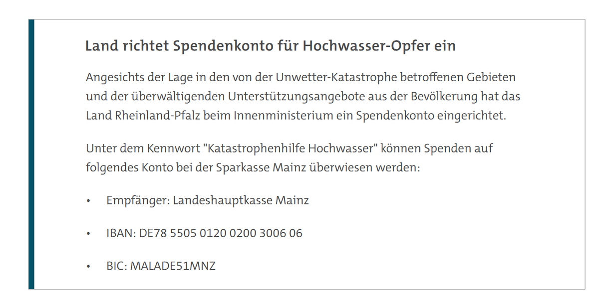 Screenshot des Spendenkontos für das Land RLP