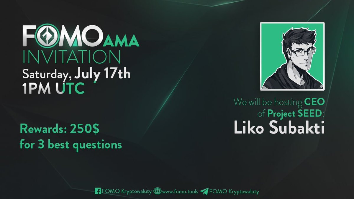 crypto_fomo_'s tweet photo. ❗#AMA Alert❗

@crypto_fomo_ will be hosting a special guest from 
@ProjectSeedGame - #Solana Based #RPG #Game App: 

Liko Subakti - CEO

🗓️Sat, July 17, 2021
⏰1PM UTC
📌https://t.co/KWs8shpM8b
🏆250$ prize pool for 3 best questions!

$NOFOMO https://t.co/hr8Zkjab1G